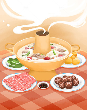 餐厅内丰盛的黄色火锅美食