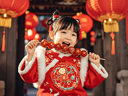 吃糖葫芦的可爱小女孩摄影图