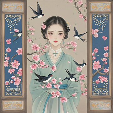 中国风少女燕子桃花边框扁平风