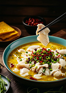 新鲜美味酸菜鱼筷子夹着餐盘美食