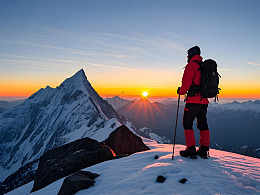 登山者在山顶看日出摄影图