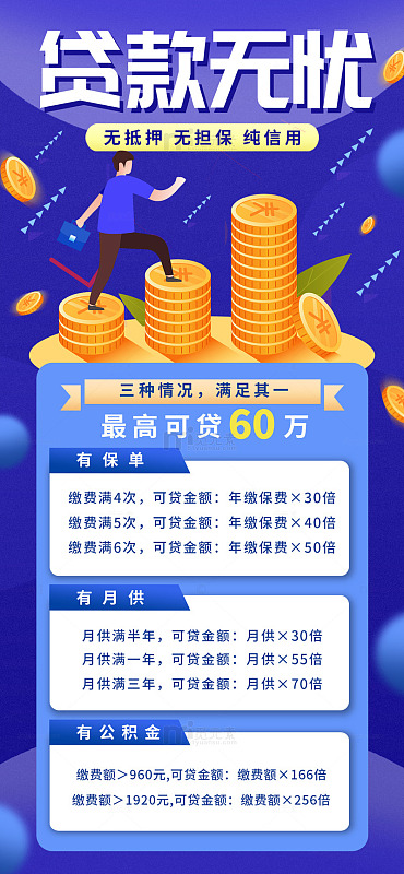 蓝色手绘卡通贷款无忧手机海报