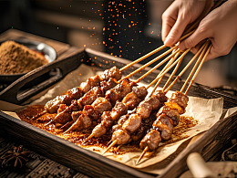 撒料烤肉肉串烧烤摄影图