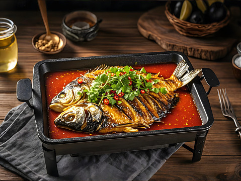 一盘烤鱼川味美食摄影图