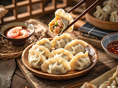 虾肉馅三鲜饺子摄影图