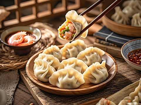 虾肉馅三鲜饺子摄影图