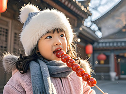 冬天吃糖葫芦的可爱女孩摄影图