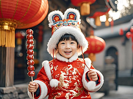 春节气氛的手拿糖葫芦的女孩摄影图