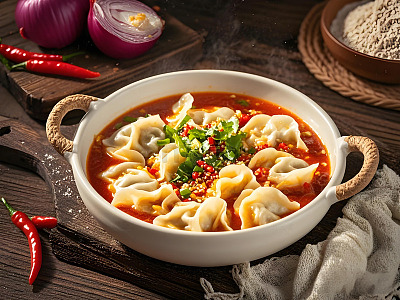 酸汤水饺中华美食摄影图