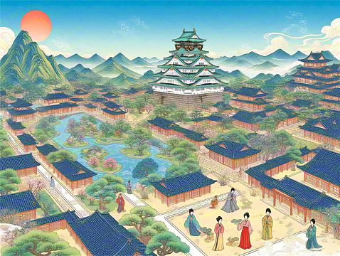 中国传统风格民间艺术色彩城市景观图