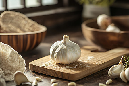 一个放在案板上的大蒜