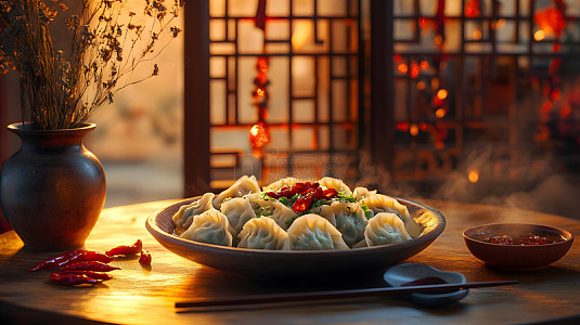 瓷碗装满饺子红色背景年夜饭