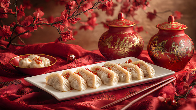 红色背景上的香喷喷煎饺