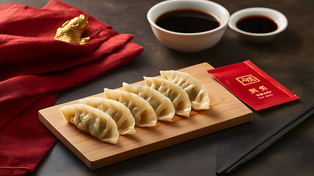 中式饺子与料汁摆盘