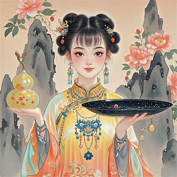 中国风水墨画牡丹美女手持黑色托盘