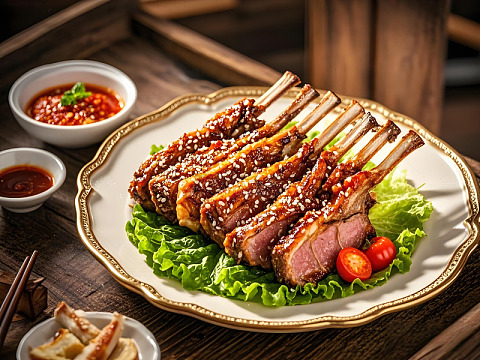 一盘烤羊排烤肉摄影图