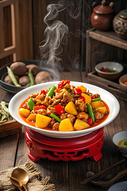 一锅大盘鸡美食摄影图