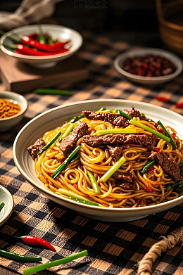 新疆美食牛肉炒米粉摄影图