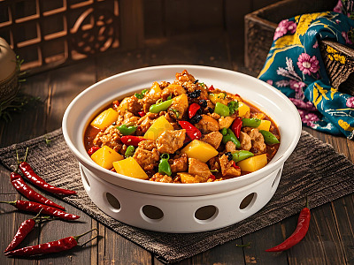 一小锅大盘鸡美食摄影图