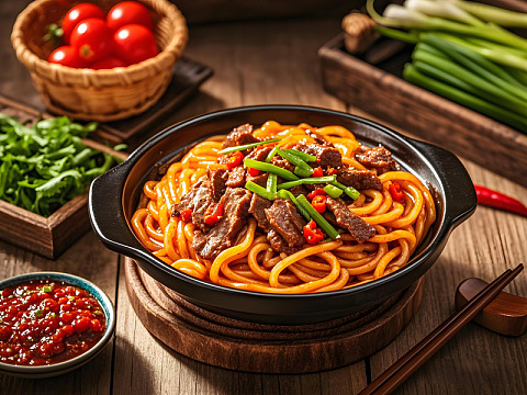 辣味牛肉炒米粉新疆美食摄影图