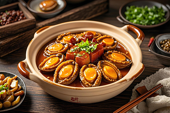 一砂锅的鲍鱼炖肉摄影图