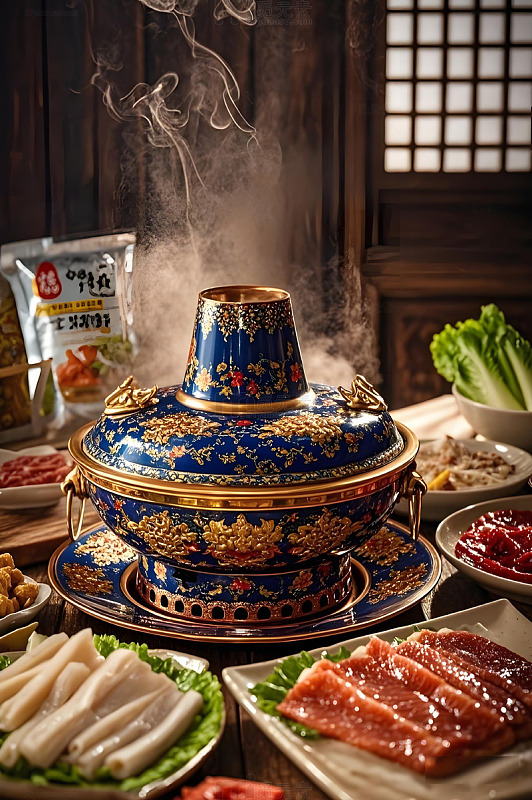 景泰兰铜锅涮肉摄影图