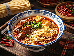 一碗红烧牛肉面摄影图