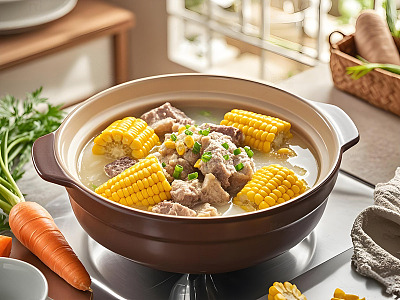 玉米炖排骨砂锅美食摄影图