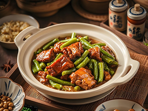 豆角炖排骨砂锅美食摄影图