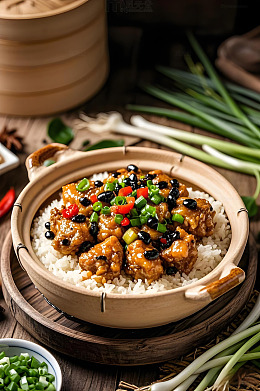 豉汁排骨煲仔饭摄影图