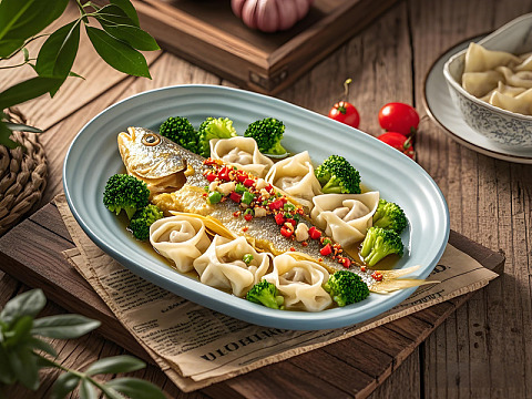 大黄鱼配小馄饨美食摄影图