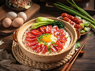 粤菜腊肠煲仔饭美食摄影图