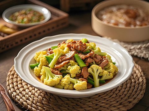 家常菜之菜花炒肉摄影图
