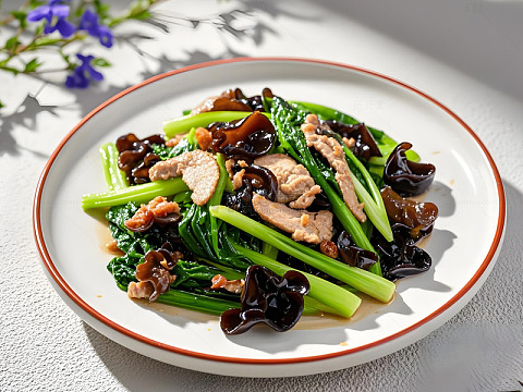 家常菜之菜心木耳炒牛肉摄影图