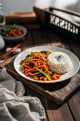鱼香肉丝盖饭摄影图
