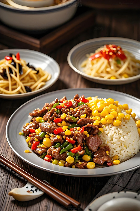 家常盖饭小饭黄牛肉摄影图