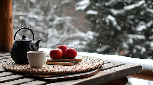 冬日小屋窗外雪景与红苹果温馨宁静