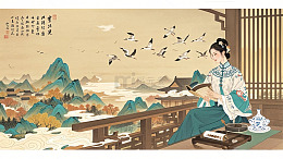 国画倚栏雁飞图