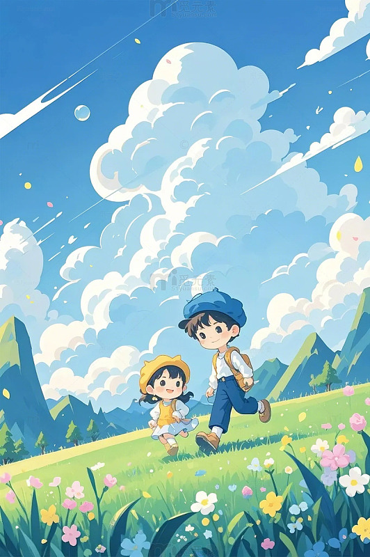 小孩踏青插画