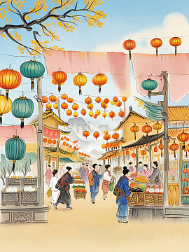 手绘水春节市集