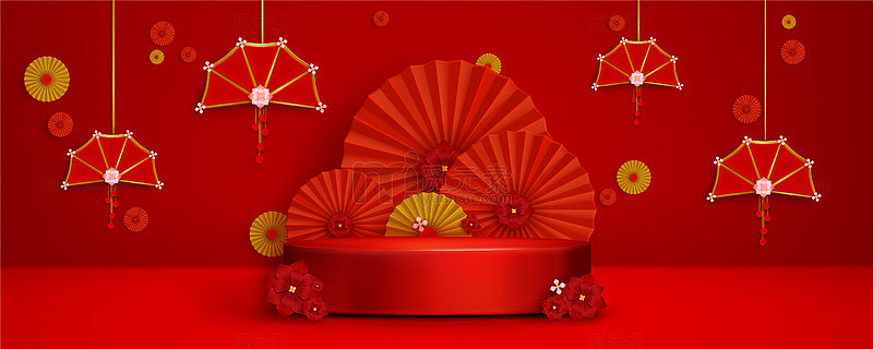 红色展台上的中国新年装饰品