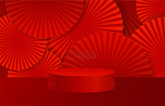 红色扇形图案装饰的圆形展台