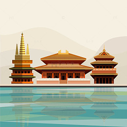 中国风建筑群落与静谧水面交相辉映