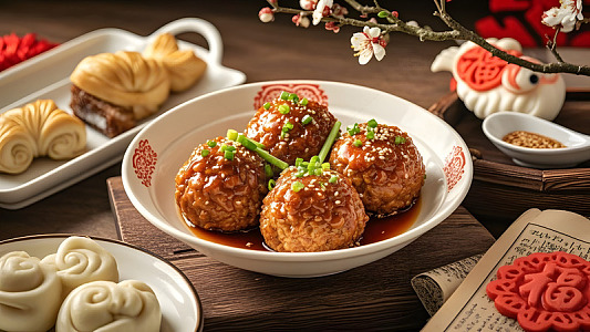 中式红烧狮子头配梅花装饰的新年家宴美食