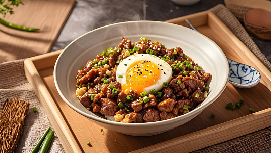 煲仔饭搭配牛肉和煎蛋的中式传统家常菜摄影