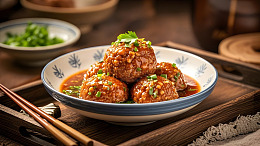 传统中式红烧狮子头配香葱家常风味美食摄影