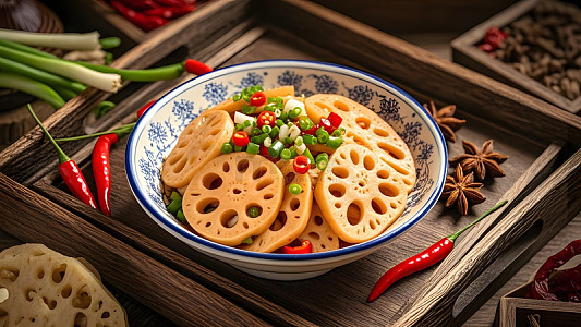 红油凉拌藕片呈现经典麻辣风味