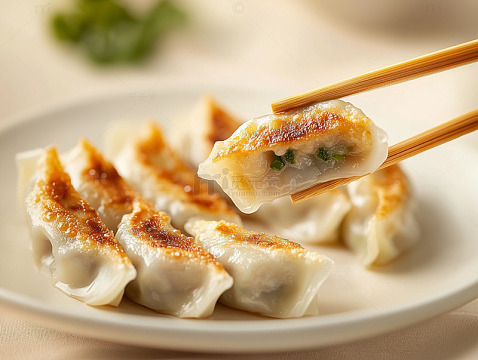 肉馅煎饺特写展示摄影素材