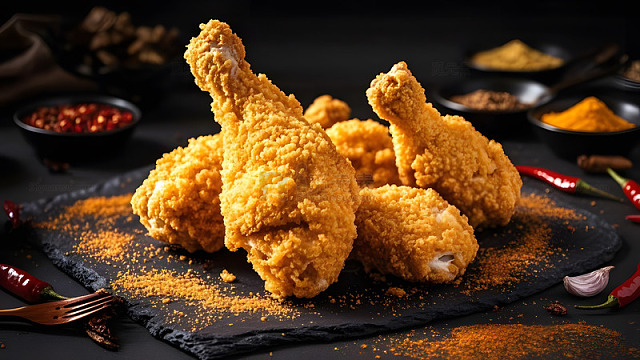 黑盘摆放的金黄酥脆炸鸡翅诱人美味