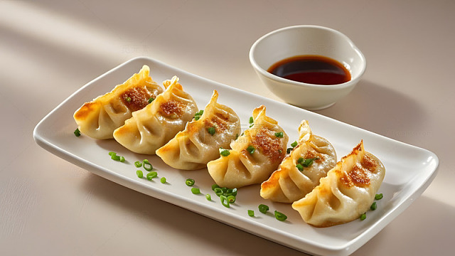 白瓷盘精美摆放的酥脆金黄煎饺